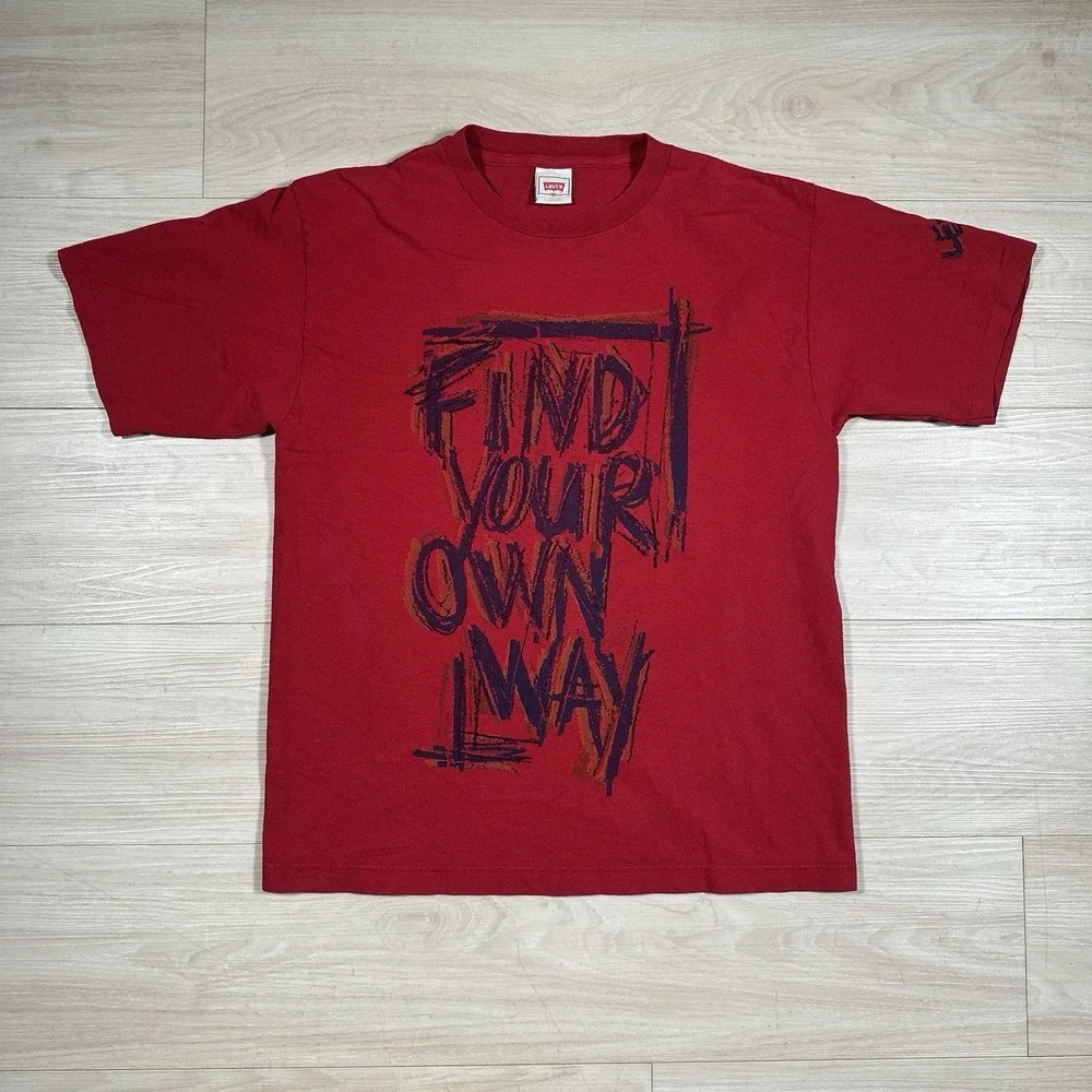 Rare Vintage Levi's Find your own way Spell Out T Shirt 90s Jeans Red Size Large